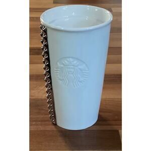 Starbucks 2014 White Ceramic Silver Studded Travel Tumbler Mug No Lid
